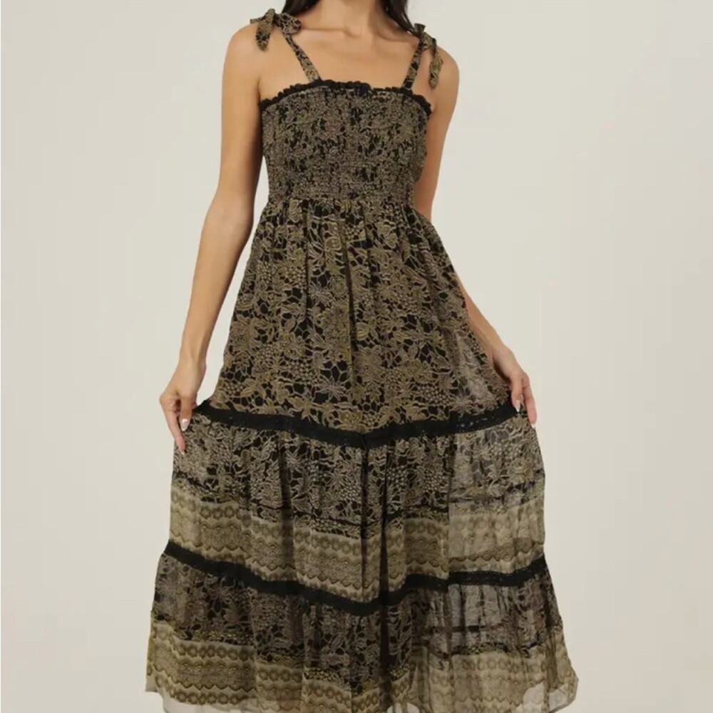 Angie Olive Green and Black Floral Maxi Dress